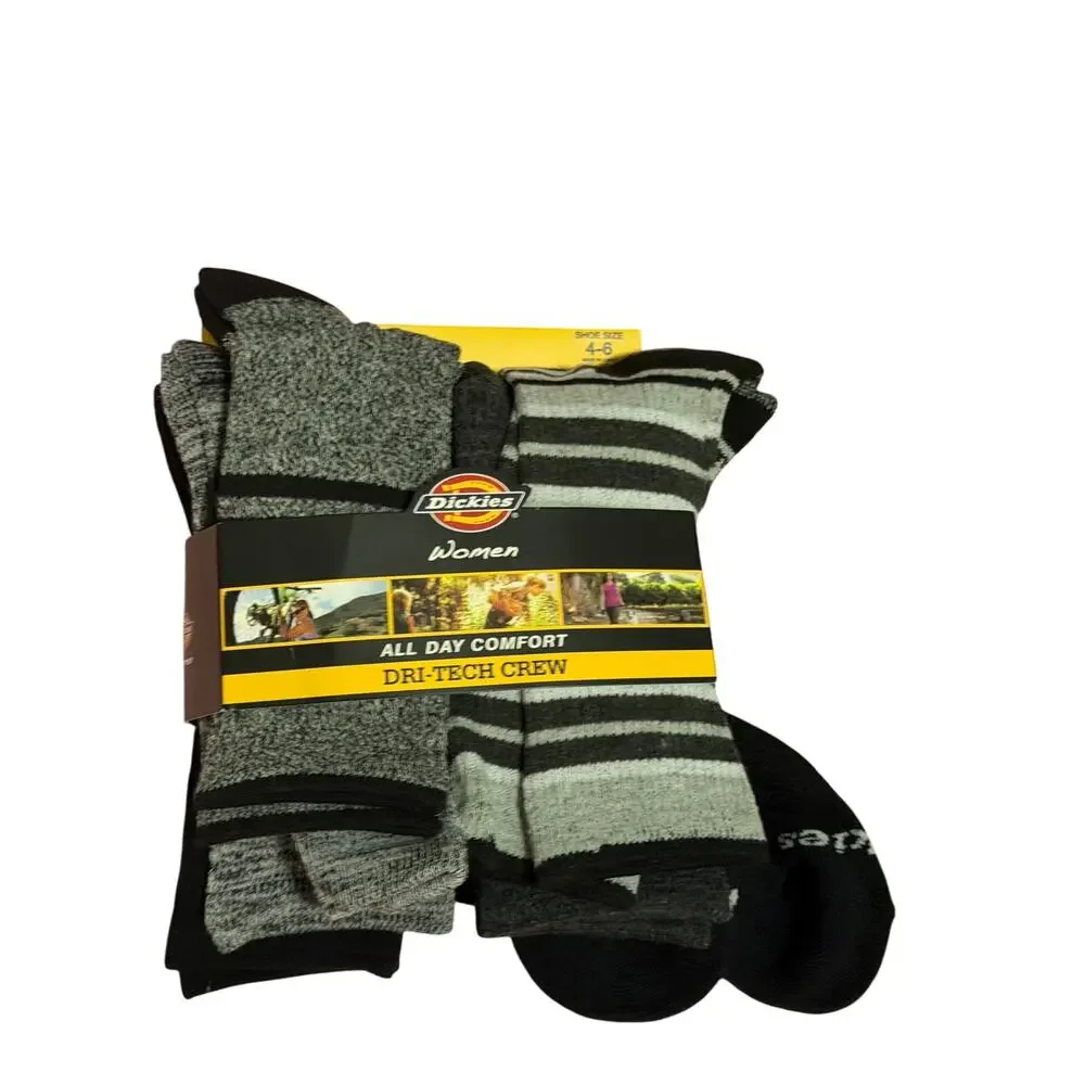 Dickies Women's 4-6 Black Gray Dri Tech Crew All Day Comfort Socks